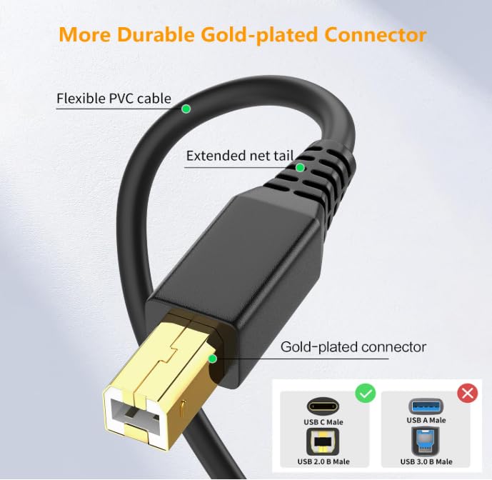 كابل طابعة من نوع USB-B إلى USB-C لأجهزة MacBook Pro/Air HP، كابل MIDI من نوع USB-C لأجهزة البيانو Yamaha، جهاز تحكم DJ، لوحة مفاتيح، كابل USB من نوع B إلى نوع C مطلي بالذهب (طوله 6.6 قدم). - Image 2