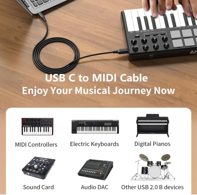 كابل طابعة من نوع USB-B إلى USB-C لأجهزة MacBook Pro/Air HP، كابل MIDI من نوع USB-C لأجهزة البيانو Yamaha، جهاز تحكم DJ، لوحة مفاتيح، كابل USB من نوع B إلى نوع C مطلي بالذهب (طوله 6.6 قدم). - Image 4