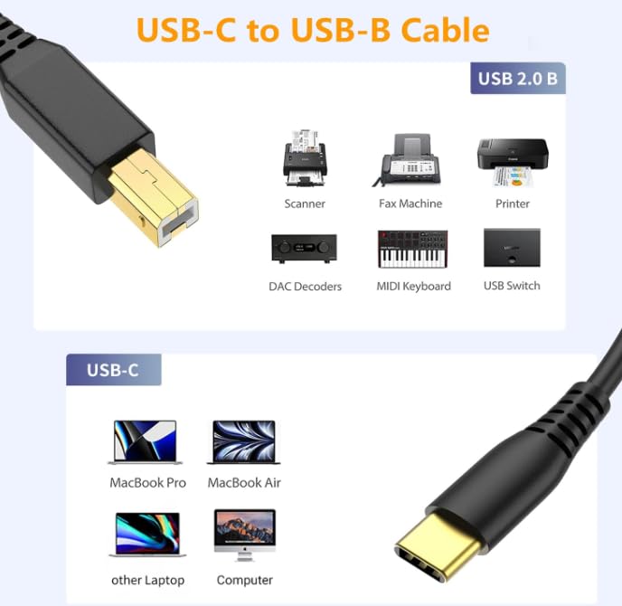كابل طابعة من نوع USB-B إلى USB-C لأجهزة MacBook Pro/Air HP، كابل MIDI من نوع USB-C لأجهزة البيانو Yamaha، جهاز تحكم DJ، لوحة مفاتيح، كابل USB من نوع B إلى نوع C مطلي بالذهب (طوله 6.6 قدم). - Image 3