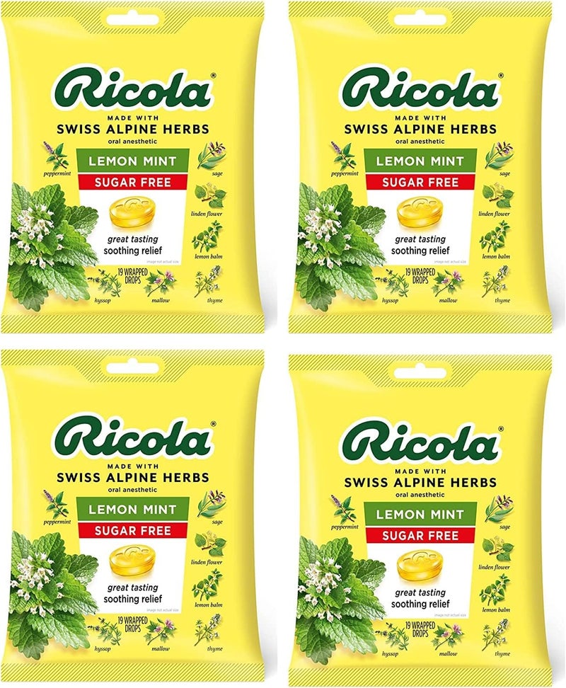 Ricola حلوى السعال بالأعشاب بنكهة الليمون والنعناع خالية من السكر - تخفيف مهدئ وطويل الأمد - عبوة مكونة من 19 حبة في 4 أكياس - Image 1