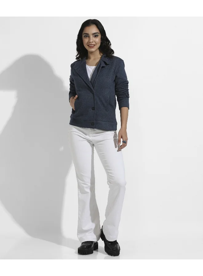 Pinacolada  Women's Prussian Blue Single-Breasted Jacket With Angled Open Pockets for Women | Best Price UAE