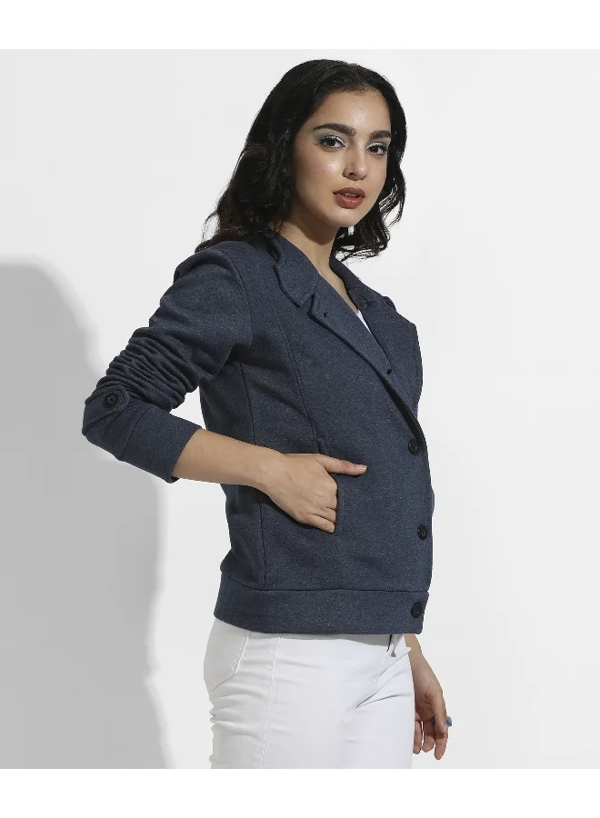 Pinacolada  Women's Prussian Blue Single-Breasted Jacket With Angled Open Pockets for Women | Best Price UAE