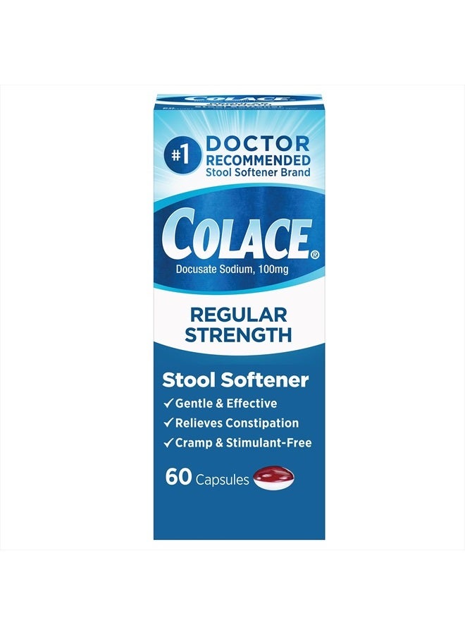 COLACE Regular Strength Stool Softener 100 mg Capsules 60 Count Docusate Sodium Stool Softener for Gentle Dependable Relief - Image 1