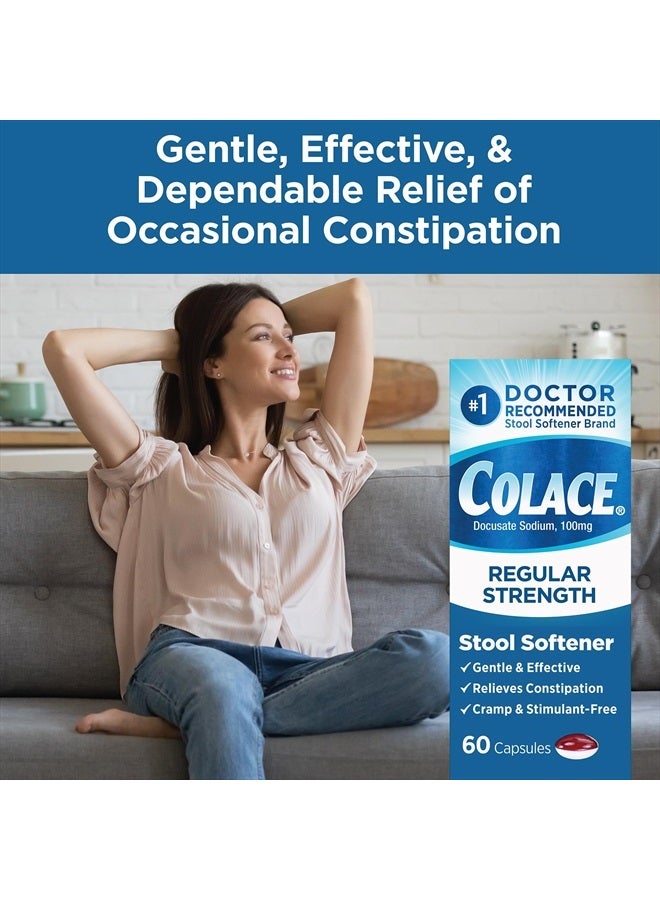 COLACE Regular Strength Stool Softener 100 mg Capsules 60 Count Docusate Sodium Stool Softener for Gentle Dependable Relief - Image 3