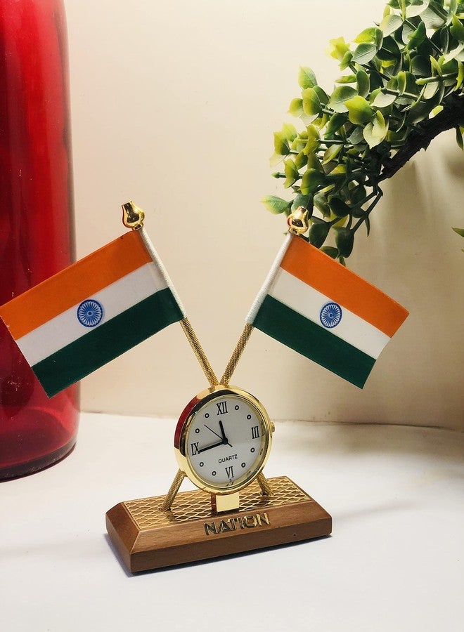 Avyanga UnityPlus India Flag with Clock Wooden Base for Car Dashboard & Official Purpose (7cmx3cmx11cm) - Image 2