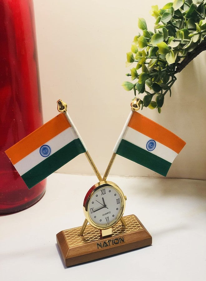 Avyanga UnityPlus India Flag with Clock Wooden Base for Car Dashboard & Official Purpose (7cmx3cmx11cm) - Image 3