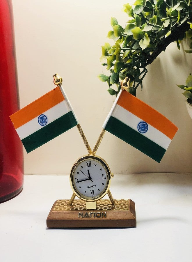 Avyanga UnityPlus India Flag with Clock Wooden Base for Car Dashboard & Official Purpose (7cmx3cmx11cm) - Image 1