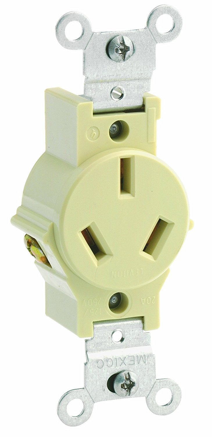Leviton 20 Amp, 125/250 Volt, Narrow Body Single Receptacle, 5032-I, Ivory - Image 3