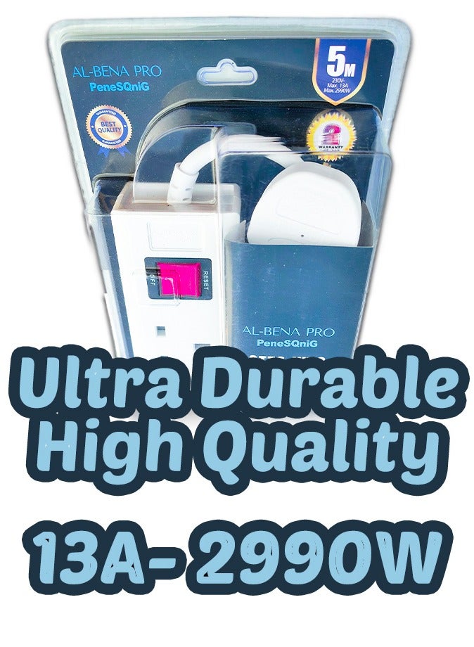 High Quality Ultra Durable 5 Meter 5-Way Extension Board with UK Pin | 13A Power 2990W | Push Button On/Off Switch | Overload Protection | Anti-Fire 750°C (White)  - Image 3