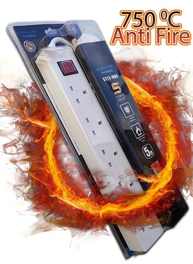 High Quality Ultra Durable 5 Meter 5-Way Extension Board with UK Pin | 13A Power 2990W | Push Button On/Off Switch | Overload Protection | Anti-Fire 750°C (White)  - Image 4