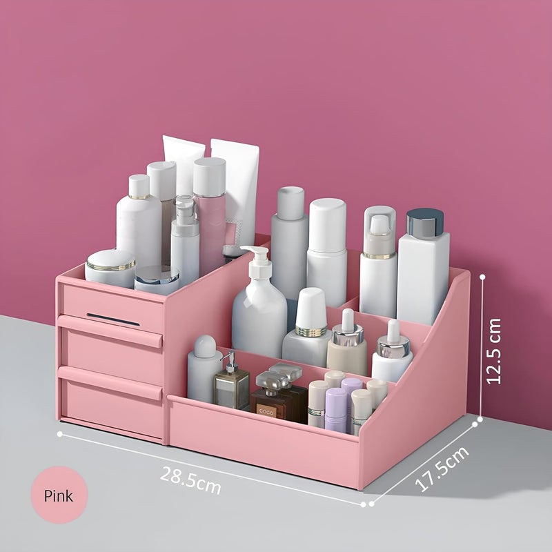 VERAT Makeup Desk Cosmetic Storage Box Organizer with Drawers for Dressing Table, Vanity Countertop, Bathroom Counter, Brushes, Eyeshadow, Lotions, Lipstick & Nail Polish (Pink) - Image 2