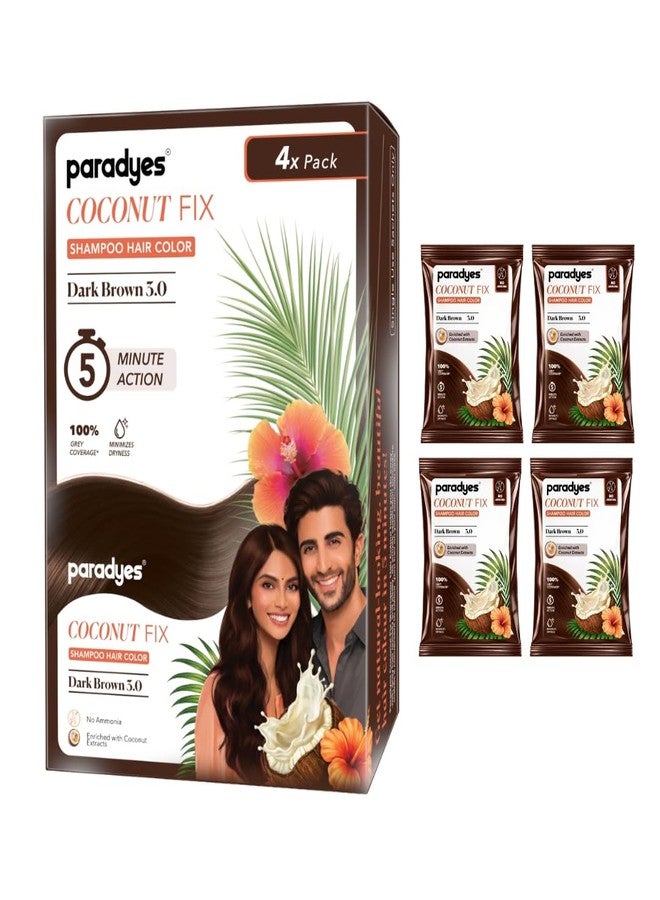Paradyes Coconut Fix Shampoo Hair Color Dark Brown 3.0, No Ammonia, Enriched with Coconut Extracts to Minimizes Dryness, 5 - Minute Grey Coverage, Pack of 4 - Image 1
