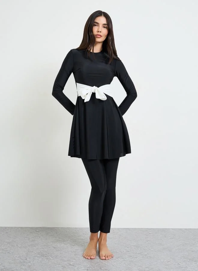 ستايلي Black Contrast Tie Knot Detail Tunic And Leggings Burkini Set
