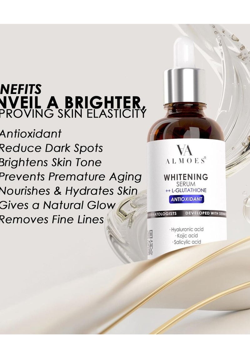 ALMOES INC - Glutathione Serum for Skin Whitening Balance Skin Tone Improve Elasticity With Hyaluronic Acid Salicylic Acid Kojic Acid 30ML - Image 1