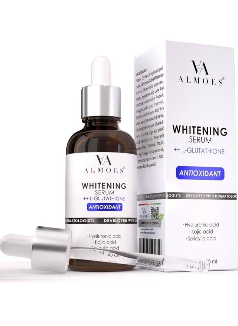 ALMOES INC - Glutathione Serum for Skin Whitening Balance Skin Tone Improve Elasticity With Hyaluronic Acid Salicylic Acid Kojic Acid 30ML - Image 1