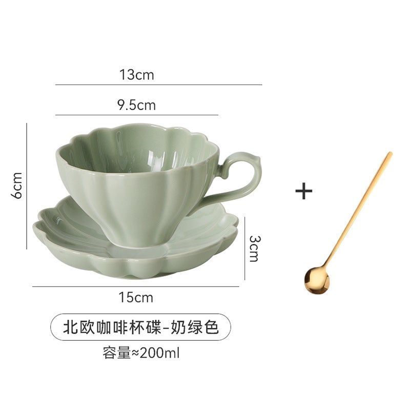 Nordic ins elegant solid color simple style ceramic mug coffee cup Home Office afternoon tea cup Green + spoon 