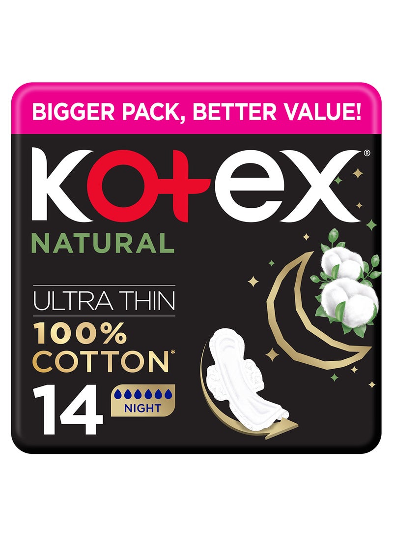 Kotex Natural Ultra Thin Pads, 100% Cotton Pad, Overnight Protection Sanitary Pads with Wings - Image 1