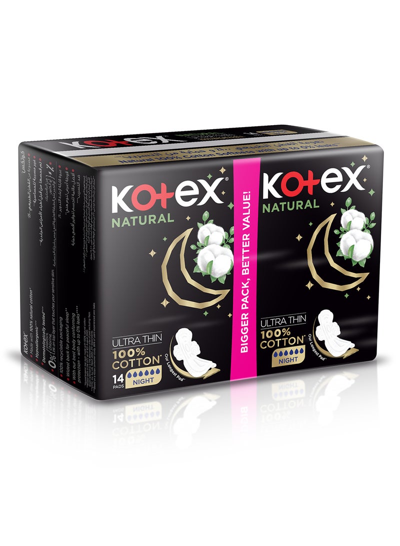 Kotex Natural Ultra Thin Pads, 100% Cotton Pad, Overnight Protection Sanitary Pads with Wings - Image 2
