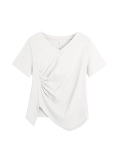 Summer Chubby Girls Plus Size Women's Clothing Niche Design Sense V-neck Short-sleeved Top Shrink Slimming Irregular T-shirt 62370