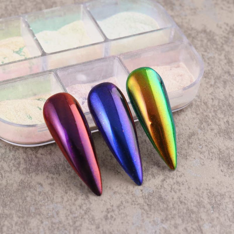 Furimuk 6 Colors Chrome Nail Powder Metallic Mirror Effect Aurora Magic White Pearl Chrome Nails Powder for Nail Art Gel Polish, Mica Powder Iridescent Nail Powder Manicure Pigment - Image 5