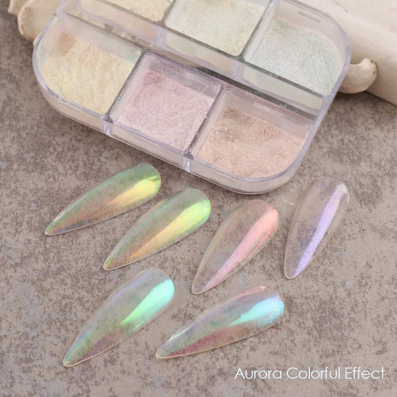 Furimuk 6 Colors Chrome Nail Powder Metallic Mirror Effect Aurora Magic White Pearl Chrome Nails Powder for Nail Art Gel Polish, Mica Powder Iridescent Nail Powder Manicure Pigment - Image 2