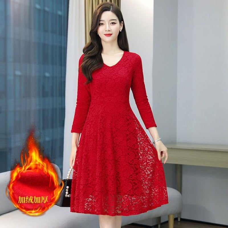 Lace Long Sleeve dress Womens 2024 Autumn and Winter New Korean Style Waist Socialite Elegant chubby girl Midi Large Size Skirt 9201 Red fleece-lined Thickening Focus on Shops Priority