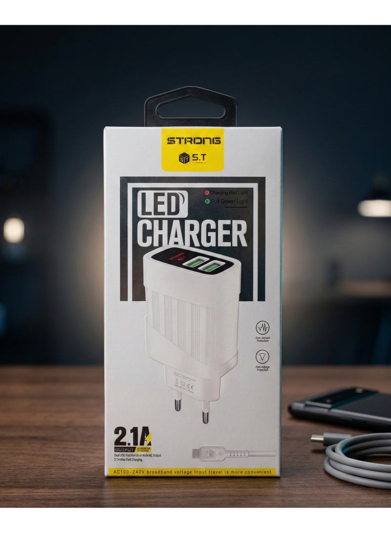 سترونج شاحن تايب سي بلمبة LED مؤشر شحن (احمر/اخضر) 2.1A + كابل Type-C، شحن سريع USB، ابيض - Image 1
