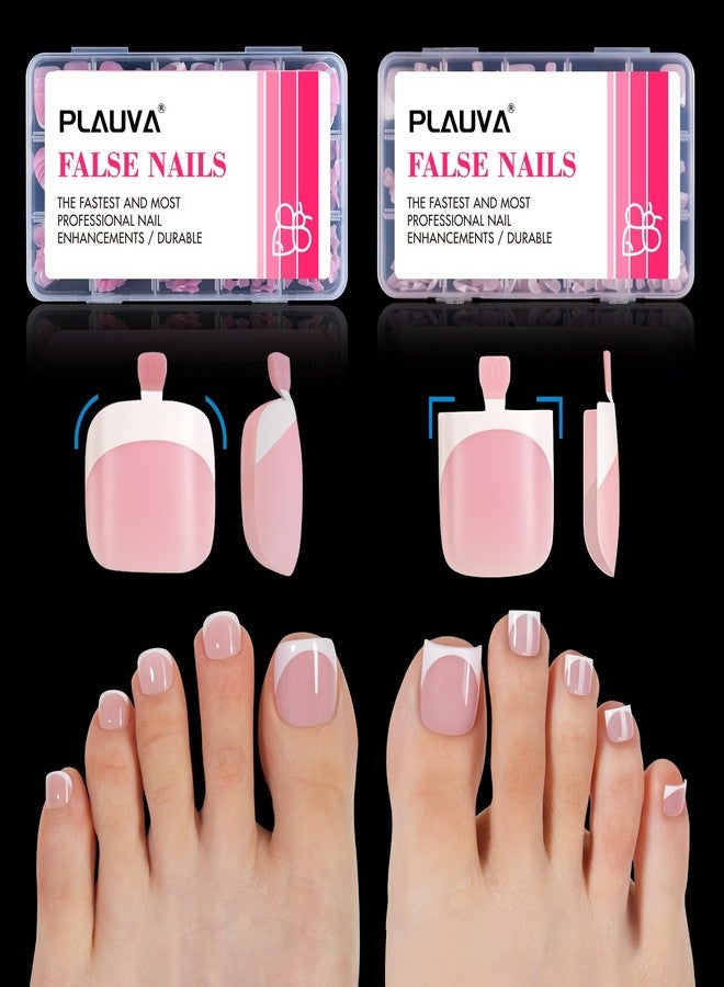 Plauva 300pcs French Tip Press on Toenails, Pink White Toe Nail Tips Short, Soft Gel Toe Press On Nails, Soak Off Fake Toe Nails for Women Toe Nail Art DIY 15 Sizes - Image 1