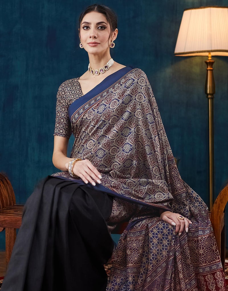 SIRIL Women's Silk Crepe Ajrakh Print Saree With Unstitched Blouse Piece (4057S642_Black & Blue) - Image 5