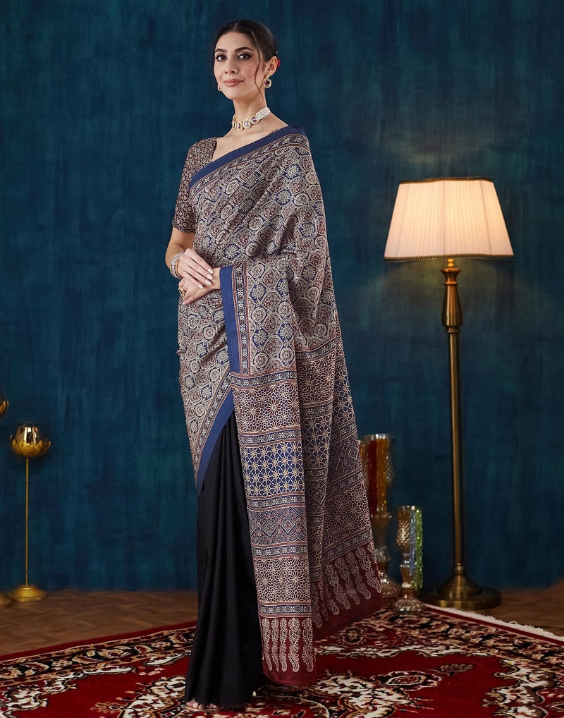 SIRIL Women's Silk Crepe Ajrakh Print Saree With Unstitched Blouse Piece (4057S642_Black & Blue) - Image 2