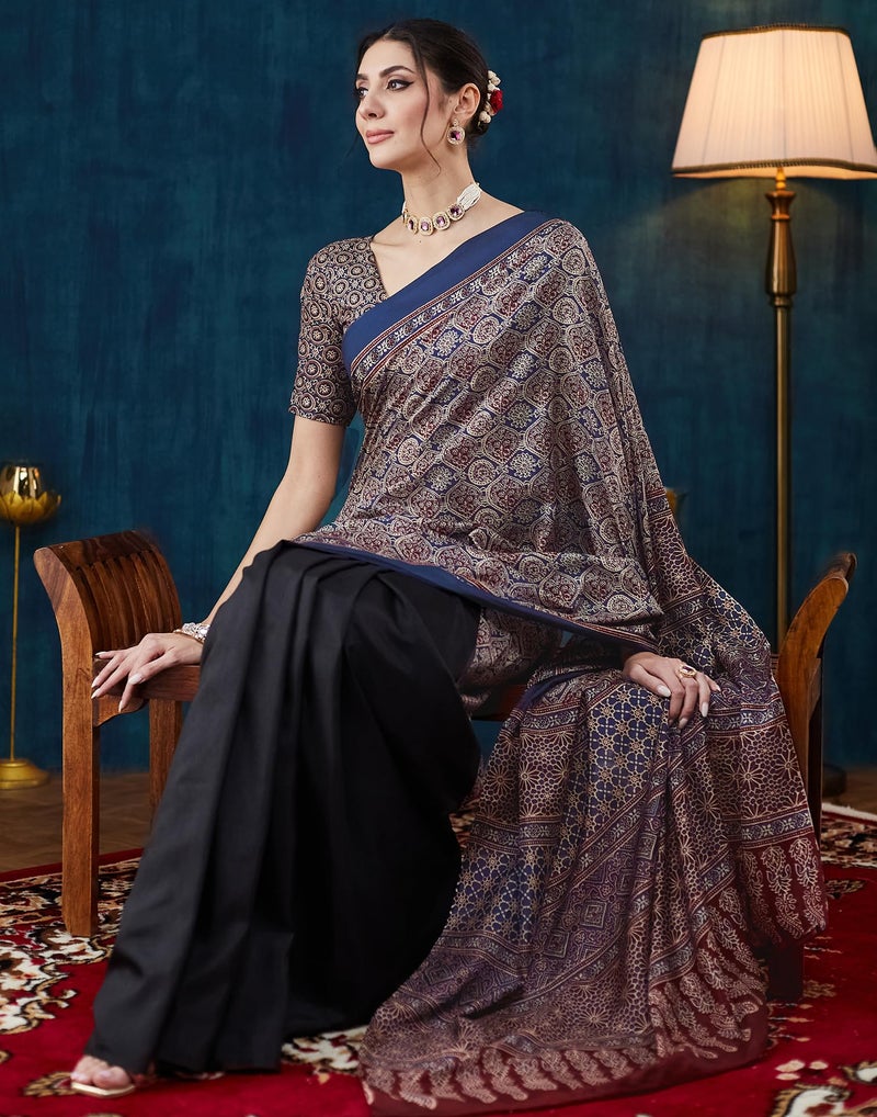 SIRIL Women's Silk Crepe Ajrakh Print Saree With Unstitched Blouse Piece (4057S642_Black & Blue) - Image 4