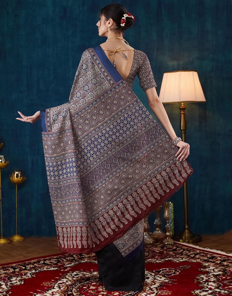 SIRIL Women's Silk Crepe Ajrakh Print Saree With Unstitched Blouse Piece (4057S642_Black & Blue) - Image 3