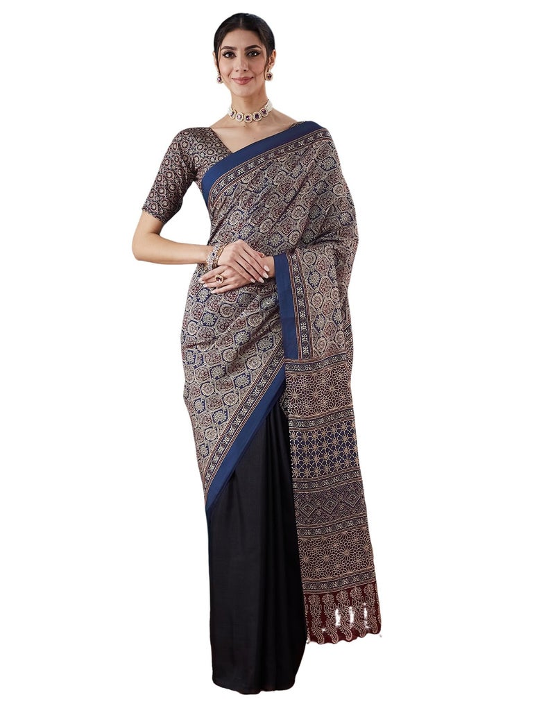 SIRIL Women's Silk Crepe Ajrakh Print Saree With Unstitched Blouse Piece (4057S642_Black & Blue) - Image 1