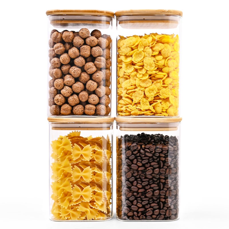 SHOWIN Glass Food Storage Jars Square 37oz 4 Pack Glass Jars With Bamboo Lids Kitchen Storage Containers For Spice Candy Cookie Storage For Pantry Organizers