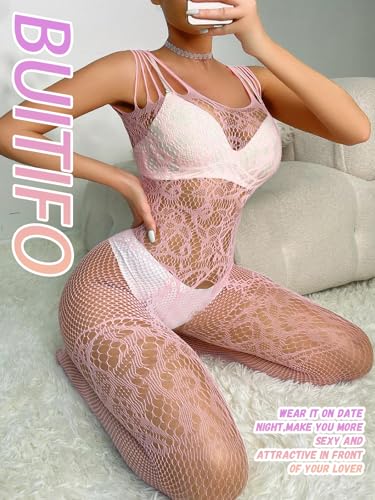 Buitifo Lingeire for Woman Sexy Bodysuit Bodystockings Fishnet Tights Rave Outfits (Pink,M) - Image 5