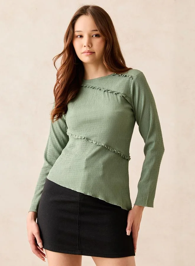 OUTZIDR Green Textured Asymmetric Hem Knit Top