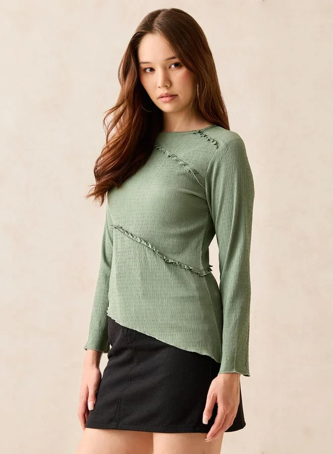 OUTZIDR Green Textured Asymmetric Hem Knit Top