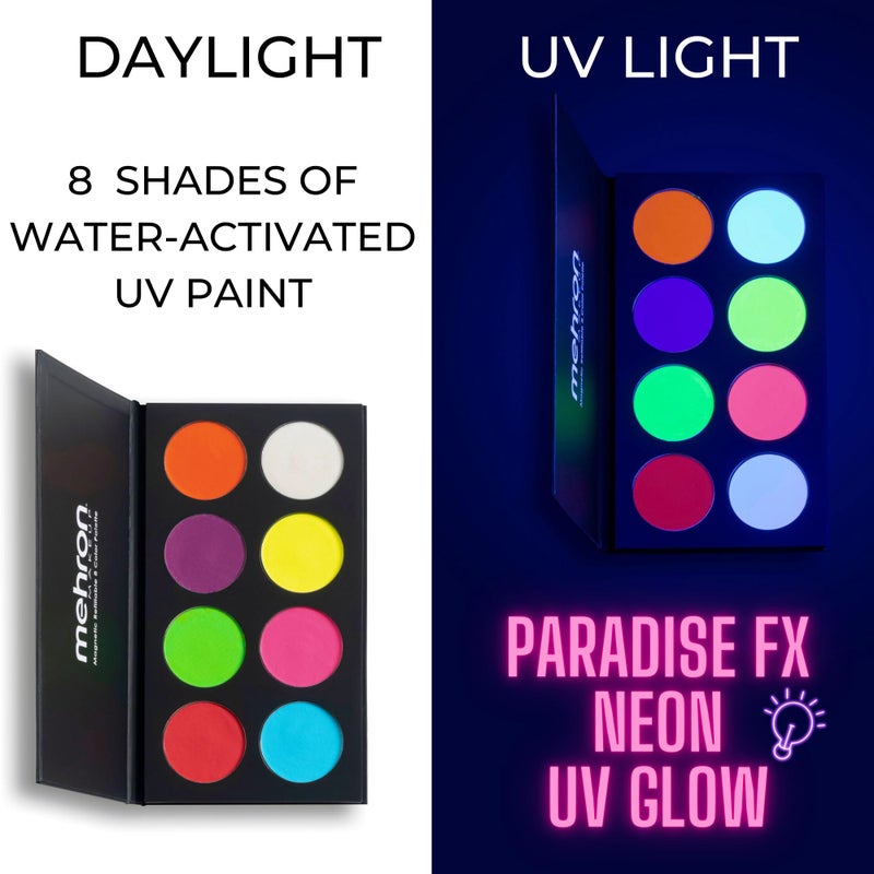 Mehron Makeup Paradise FX Neon UV Glow 8 Color Palette | Magnetic Refillable Special Effects Paint Palette | Professional Water Activated Paint for Raves, Costumes, SFX, Halloween, & Cosplay - Image 3