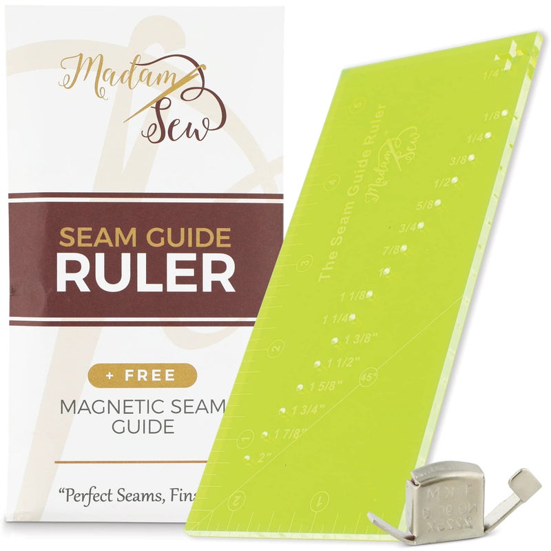 Madam Sew Seam Allowance Ruler & Magnetic Seam Guide for Sewing Machine | Perforated Seam Guide Ruler & Gauge for Perfect 1/8â€- 2â€ Straight Line Hems | Includes 1/4â€ Pivot Point & 45 Degree Trim Line - Image 1