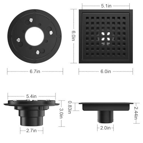 EXF Square Shower Drain 6 Inch Matte Black, Stainless Steel Shower Floor Drain Kit with ABS Flange, Removable Grid Grate, Hair Strainer, Not Fit for Bathtub - Image 2