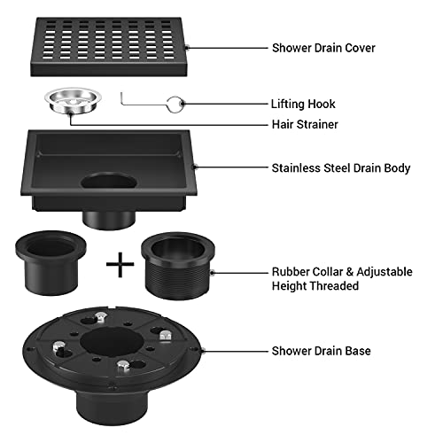EXF Square Shower Drain 6 Inch Matte Black, Stainless Steel Shower Floor Drain Kit with ABS Flange, Removable Grid Grate, Hair Strainer, Not Fit for Bathtub - Image 3