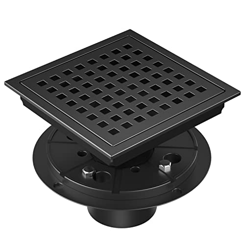 EXF Square Shower Drain 6 Inch Matte Black, Stainless Steel Shower Floor Drain Kit with ABS Flange, Removable Grid Grate, Hair Strainer, Not Fit for Bathtub - Image 1