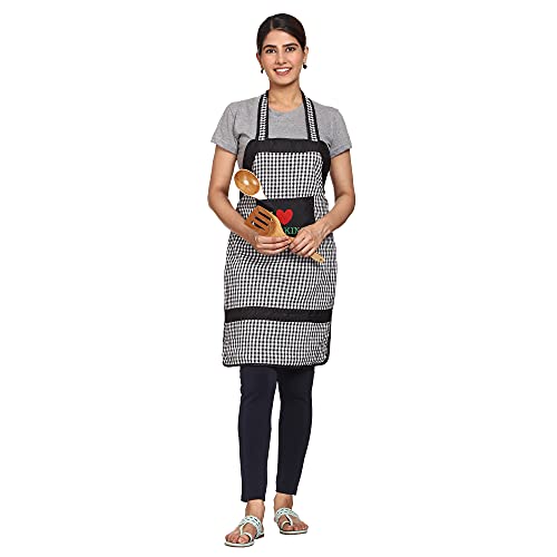 JMi cotton checkered Fabric Waterproof Apron with Long Ties and multipurpose front large pocket For Cooking Dusting Home Kitchen Restaurant for Men & Women Unisex Apron. Pack of 2 (Black & Blue) - Image 5
