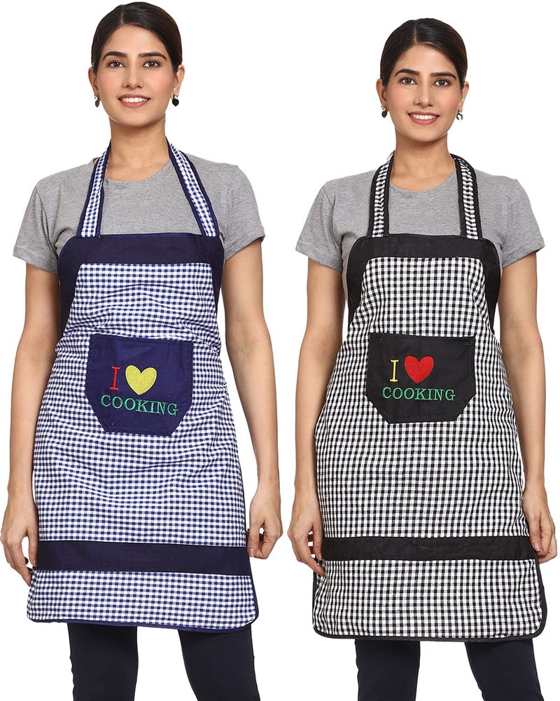 JMi cotton checkered Fabric Waterproof Apron with Long Ties and multipurpose front large pocket For Cooking Dusting Home Kitchen Restaurant for Men & Women Unisex Apron. Pack of 2 (Black & Blue) - Image 1
