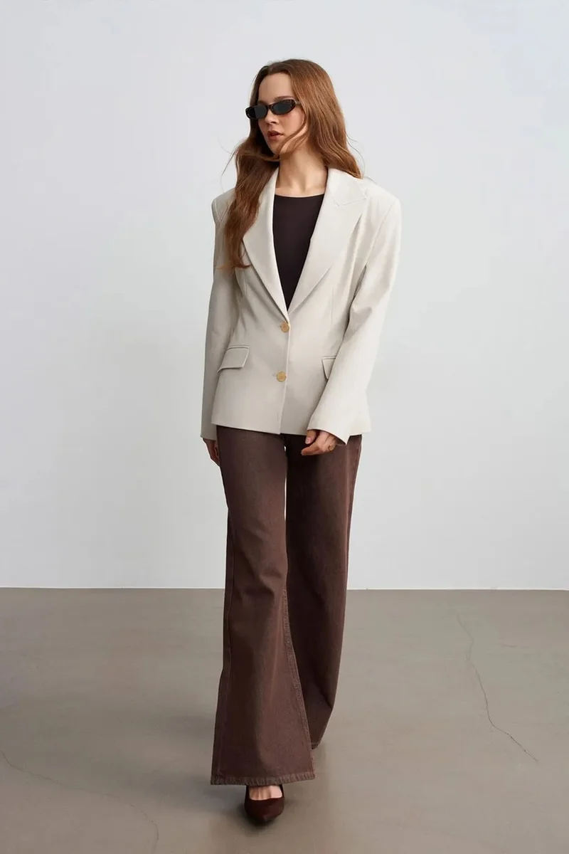 Dilvin Oatmeal Natural DILVIN Women's Crepe Blazer Jacket for Women | Best Price UAE
