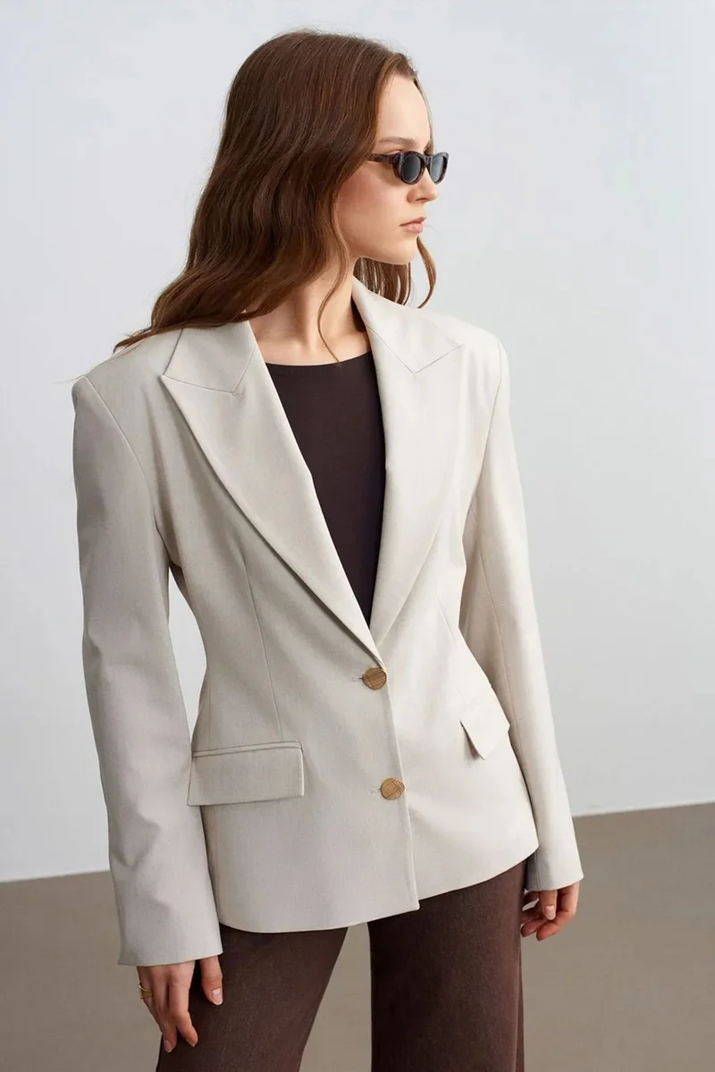 Dilvin Oatmeal Natural DILVIN Women's Crepe Blazer Jacket for Women | Best Price UAE