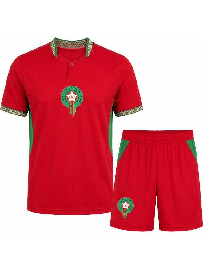 Men's Morocco Football Jersey Set – Red & Green Soccer Kit with Shorts | Adult Sportswear