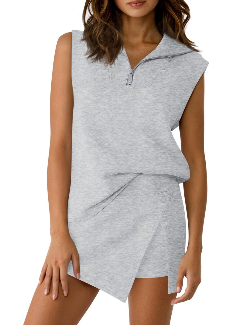 Fisoew Womens 2 Piece Skirt Sets Summer Sleeveless Half Zip Sweatshirt Athletic Skorts Tennis Outfits Casual Sweatsuits - Image 1