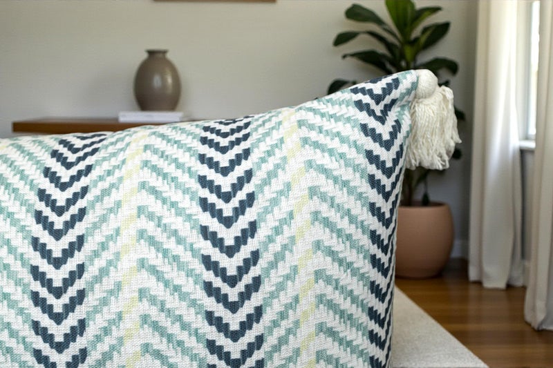 VAGMINE Lumbar Pillow Cover 14x36 â€“ Chevron Print Poly-Cotton Rectangular Accent Cushion Cover with Tassels â€“ Meera Herringbone - Image 2