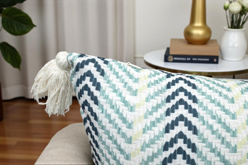 VAGMINE Lumbar Pillow Cover 14x36 â€“ Chevron Print Poly-Cotton Rectangular Accent Cushion Cover with Tassels â€“ Meera Herringbone - Image 4